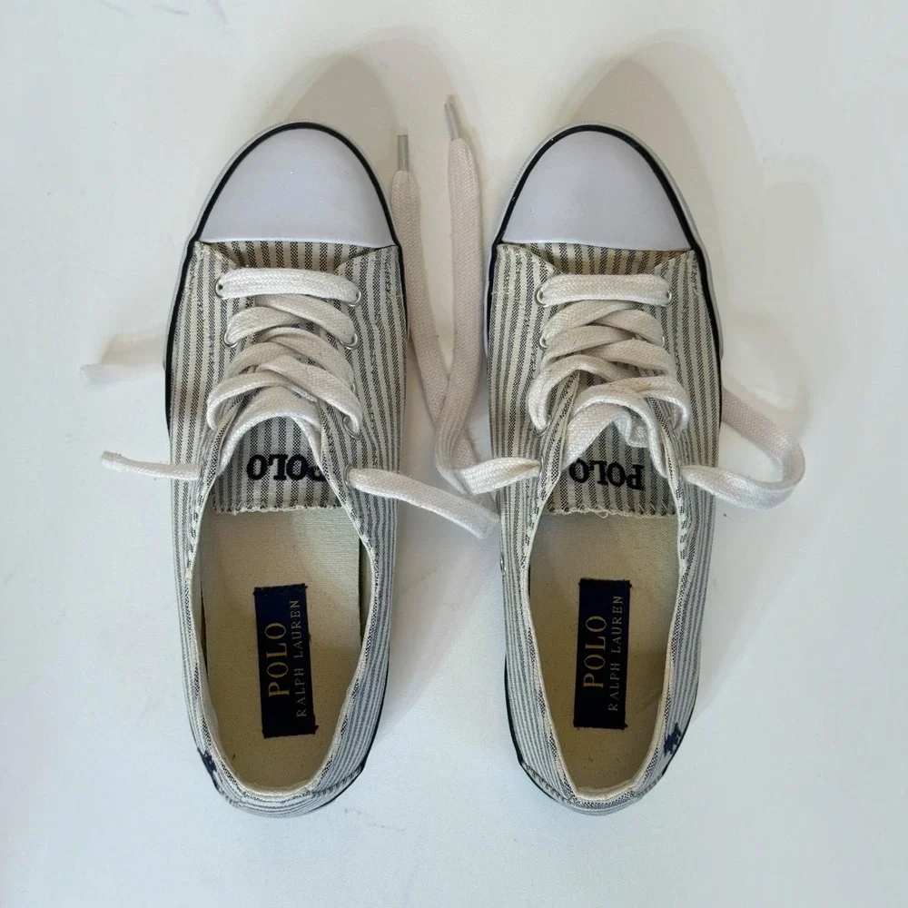 Polo Ralph Lauren Parnell Womens Sneaker 7.5B Blue White Striped Canvas Shoe